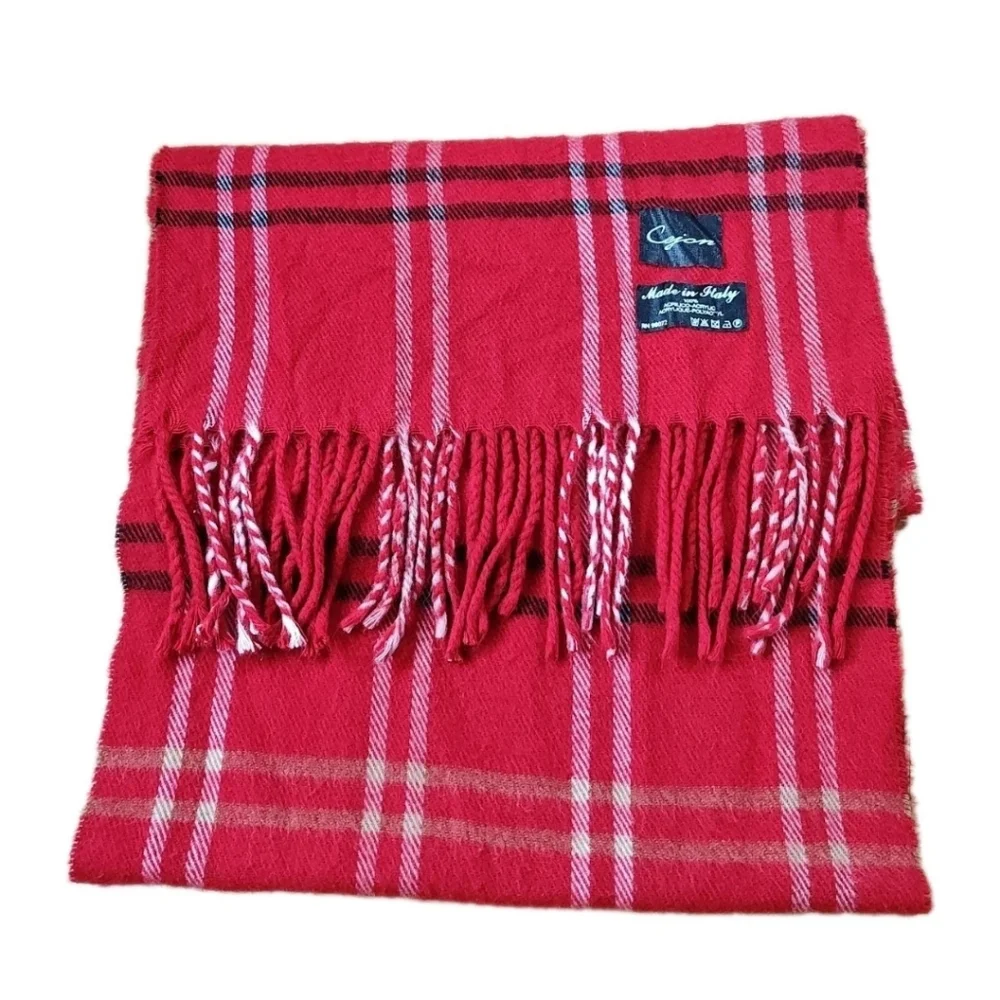 Cejon Italian Acrylic Fringed Long Neck Scarf Red Tartan Plaid Holiday Ski 11/62